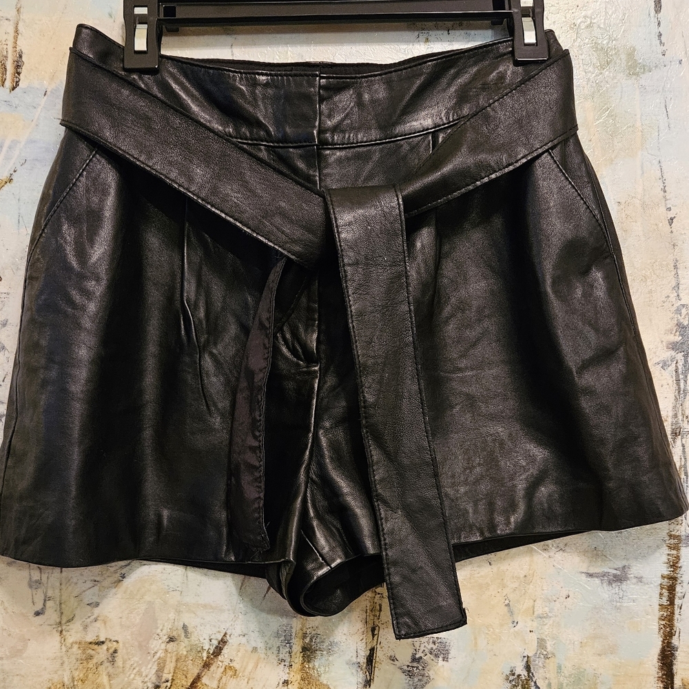 Rachel Zoe Black Lamb Leather High Waist Belted Shorts Sz 4/ 28